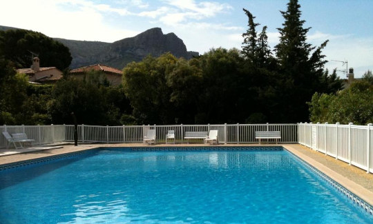 View across the swimming pool at Villa Soledad, in Catalunia, Spain.