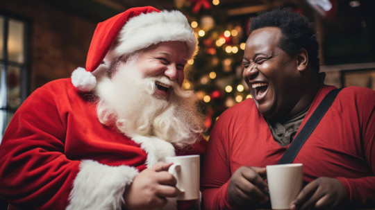 Seasonal Santas sharing a coffee and a smile.